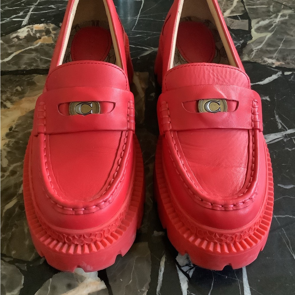 Coach red leather coin charm platform lug sole penny loafers size 7